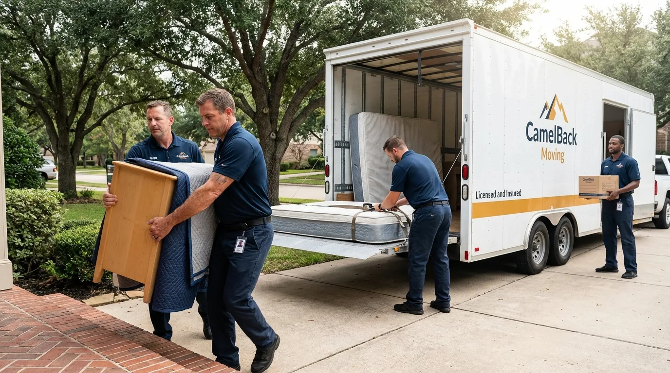 Crew loading residential truck for cross-state move from Minco, OK
