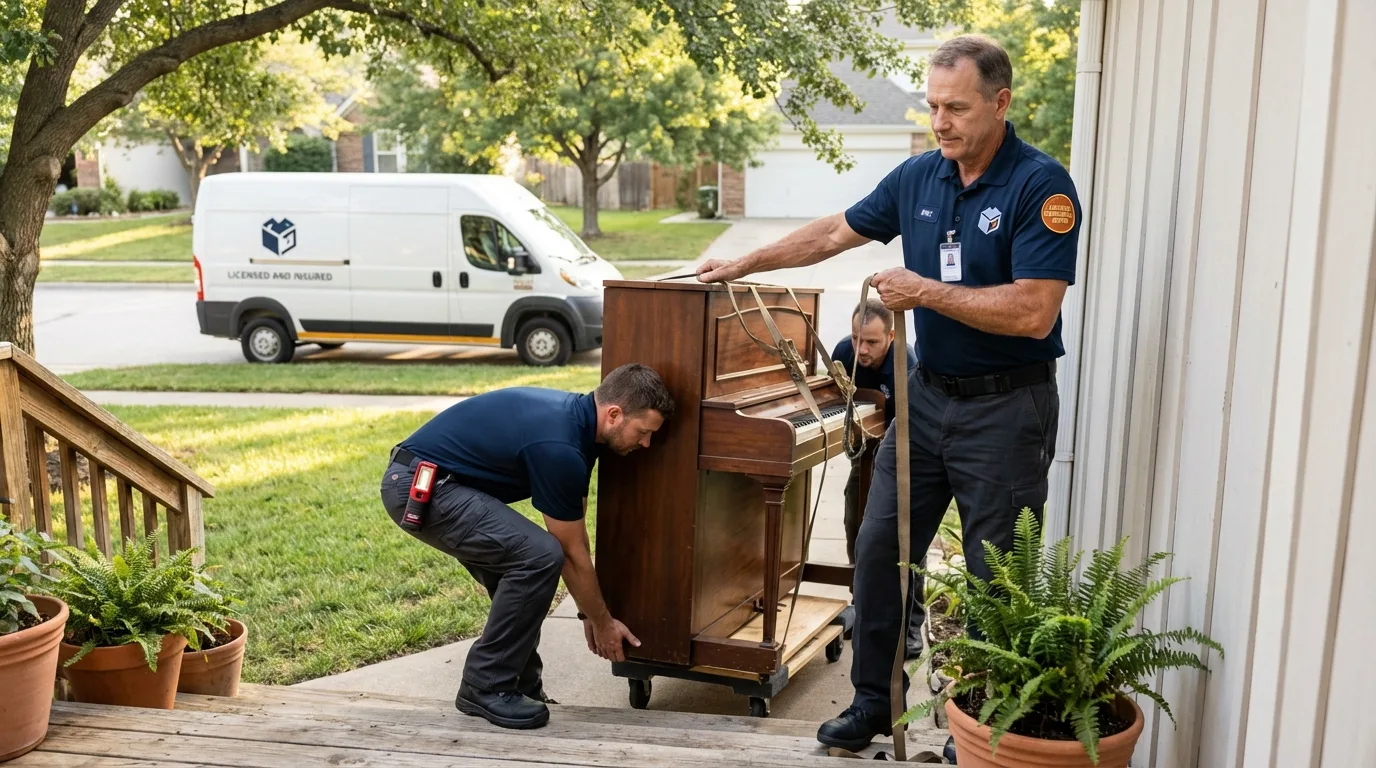 Licensed piano movers securing grand piano in Minco, OK