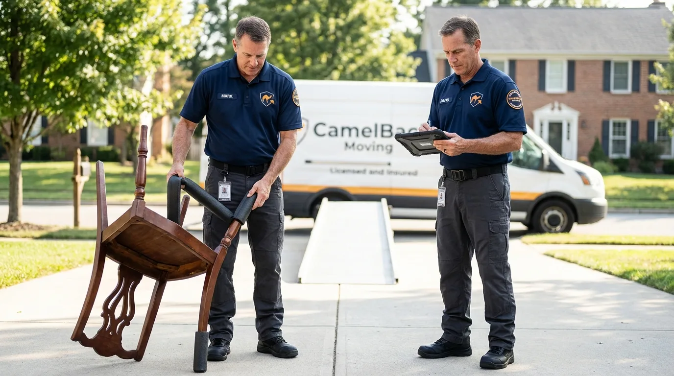 Movers inspecting furniture for damage prevention before loading in Minco, OK