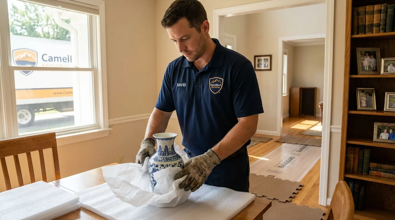 Professional crew carefully wrapping antique vase for senior downsizing move in Minco, OK