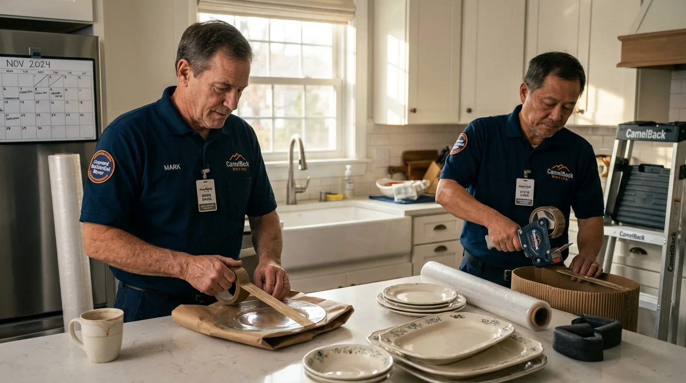 Professional crew packing kitchen dishware in Minco, OK